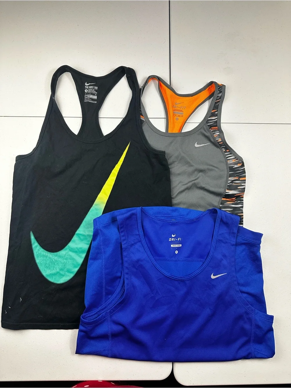 Nike Women’s Tank Top Trio - Black Teal/Yellow, Gray Orange, Royal Blue